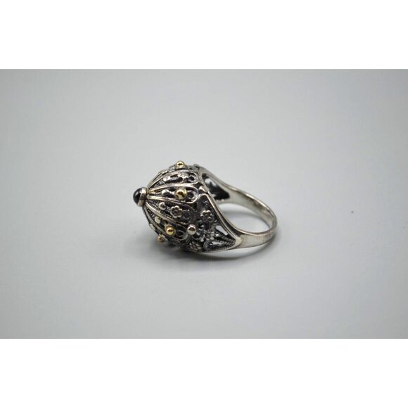 Noy Li Filigree Dome Baroque Style Cocktail Ring Size 9 Israel 925 Red Accent - Picture 1 of 9